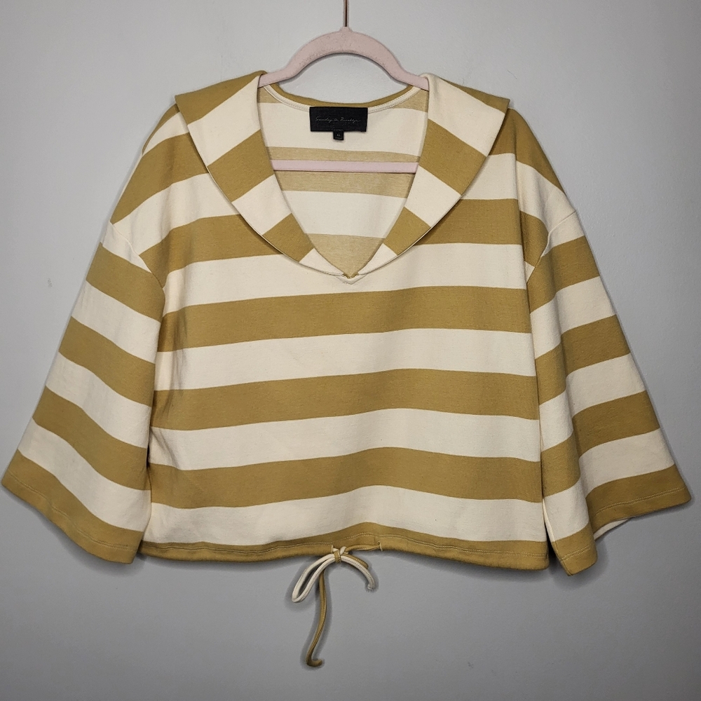 Anthropologie Sundays In Brooklyn Rugby Stripe Sailor Cropped Top Sz XL Tan×Ecru